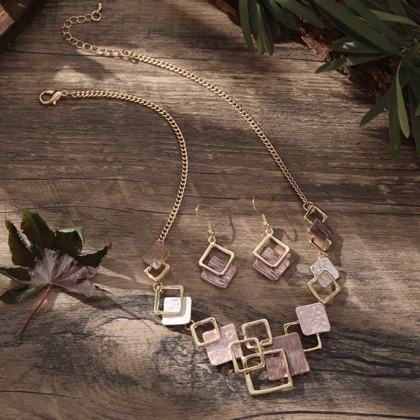 Color Painting Oil Geometric Square Ear Studs Bracelet And Necklace Set